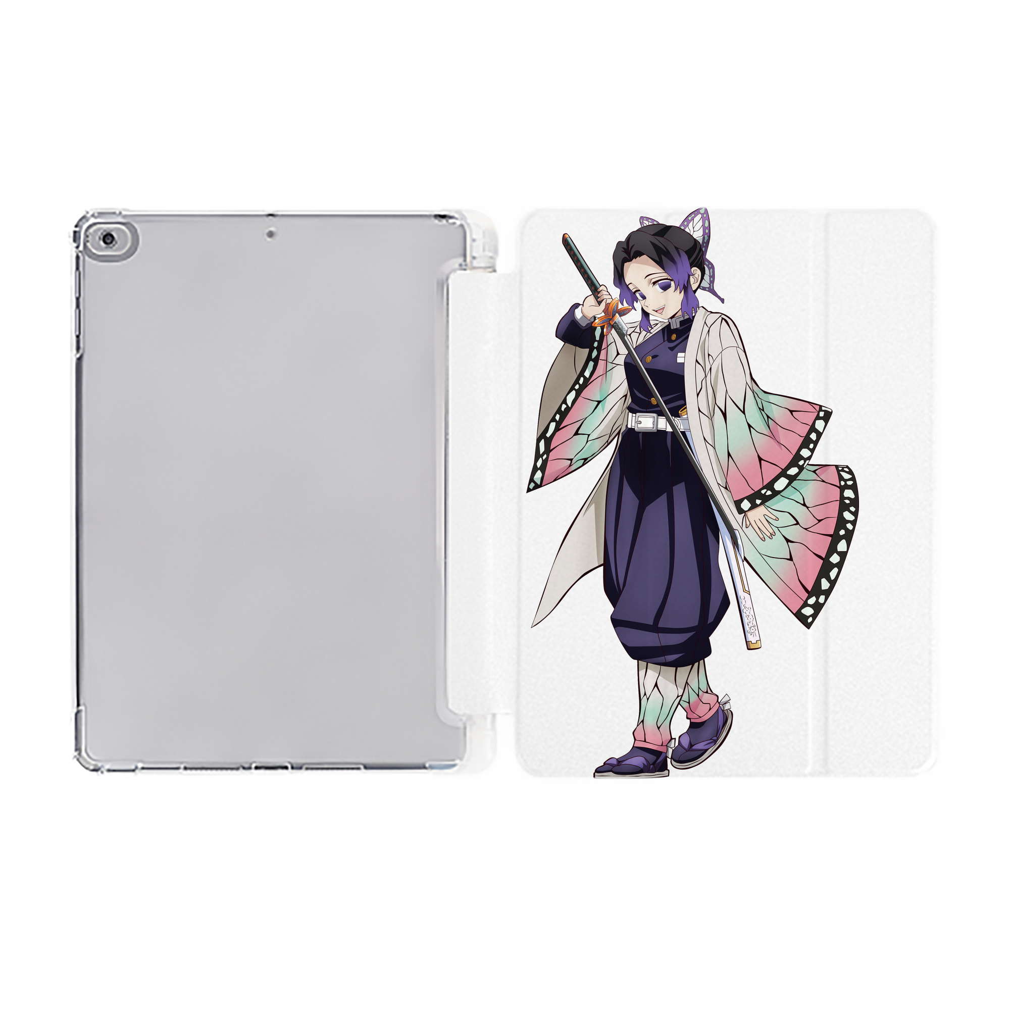 （画像用） 鬼滅の刃（きめつのやいば）蟲柱-胡蝶 しのぶ／こちょう しのぶ Kochou Shinobu IPad ケース ペン収納付き 三つ折りスタンド PUレザー×シリコン 対応機種9.5/10.5/10.9インチ